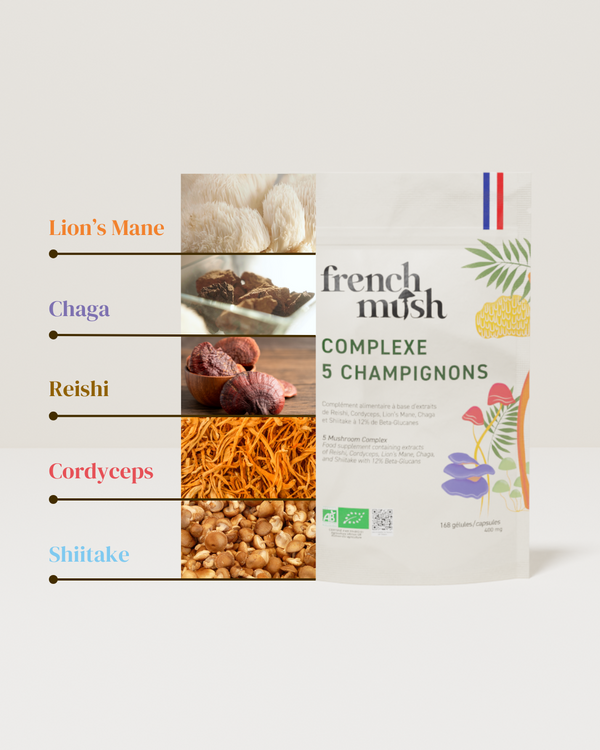 Complexe 5 champignons French Mush - champignons adaptogenes - Lions mane Chaga Reishi Cordyceps Shiitake